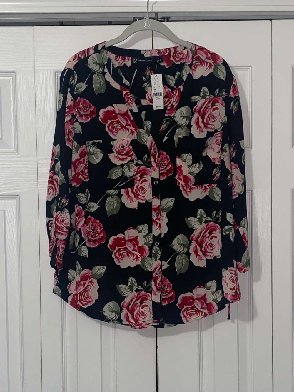 New York & Company Rose Floral Black Blouse